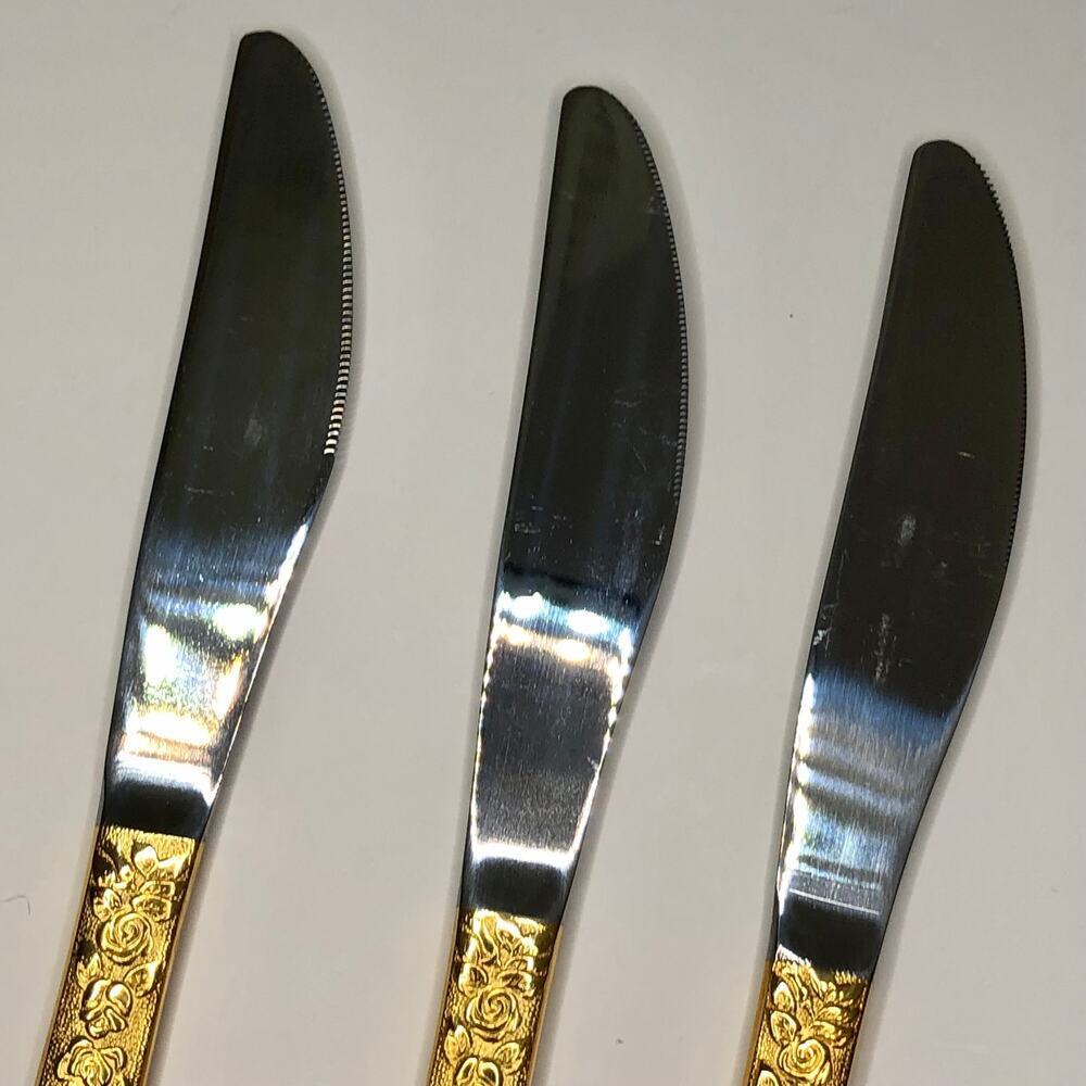 Cellini Romanesque Gold Electroplate Silverware Cutlery 3 Knives by Japan - Picture 4 of 5